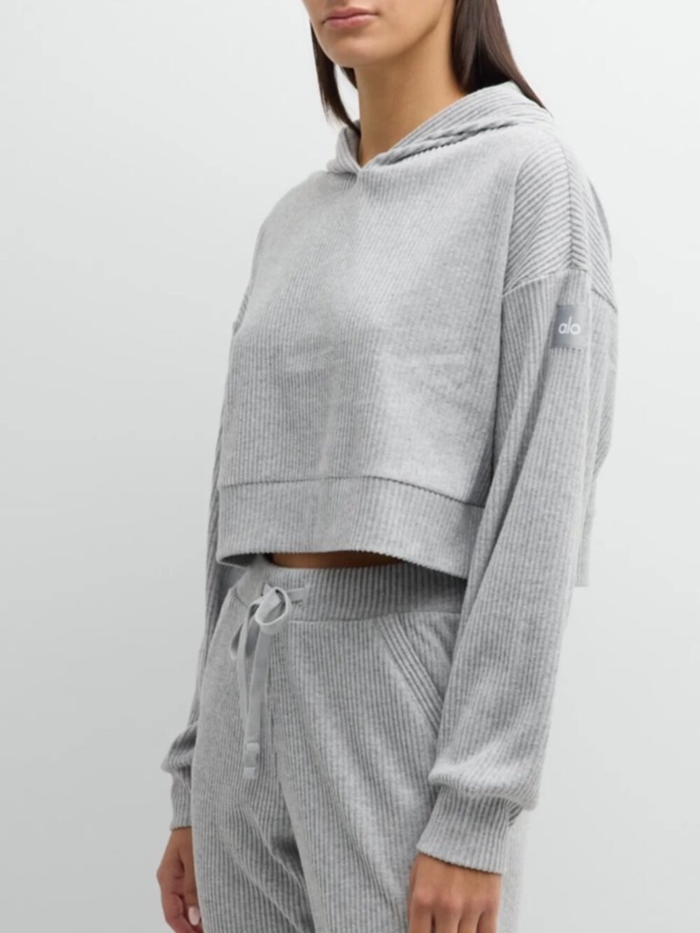 ALO Yoga Muse Gray Ribbed Knit Cropped Pullover Hoodie Size: S